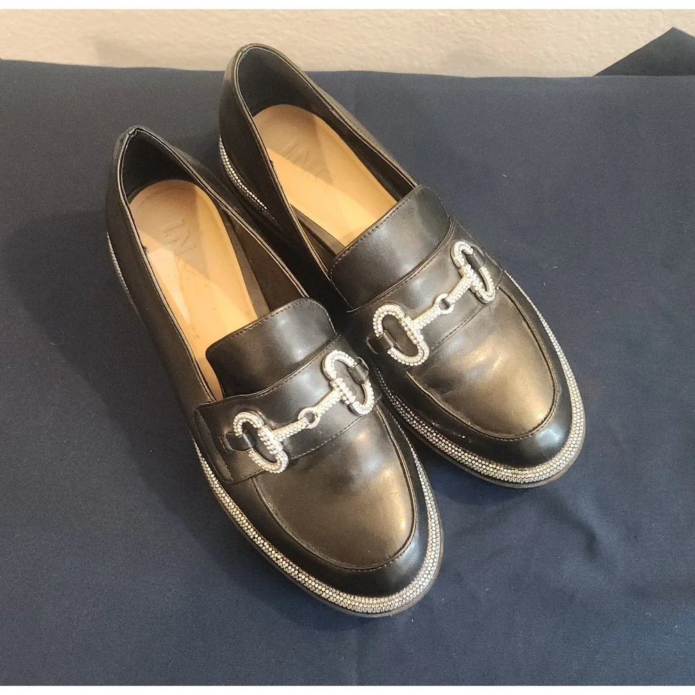 INC International Concepts Black Rhinestone Bit Lug Sole Loafers Womens size 8.5